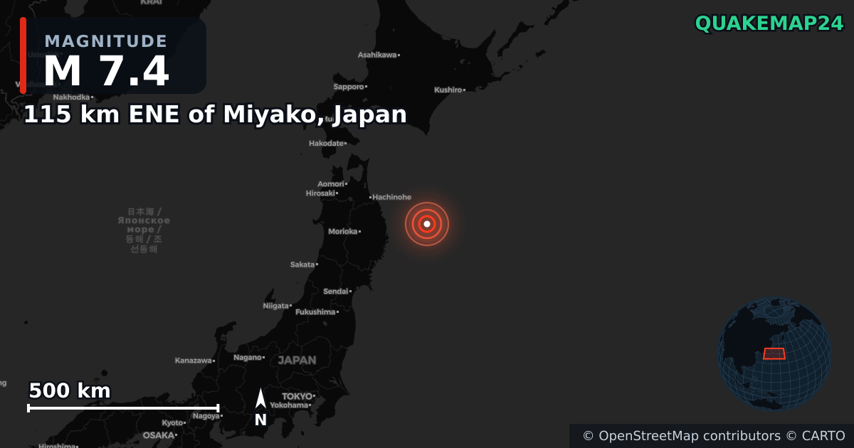 M7.4 Earthquake near 115 km ENE of Miyako, Japan · 2026-04-20 — Map showing the location of the epicenter