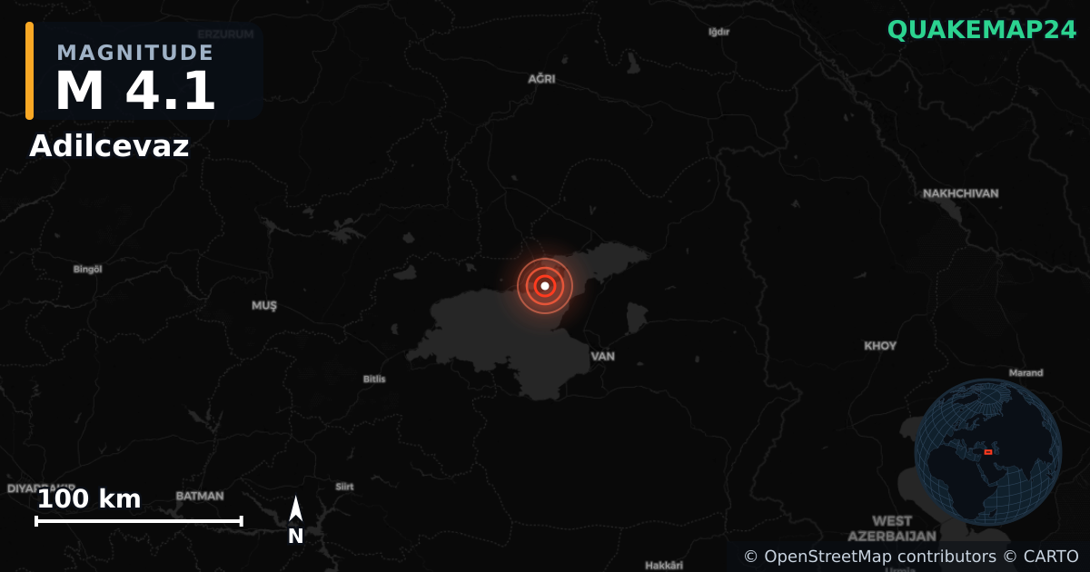 M4.1 earthquake near Adilcevaz on Apr 22, 2026 — map of epicenter and shaking intensity | QuakeMap24