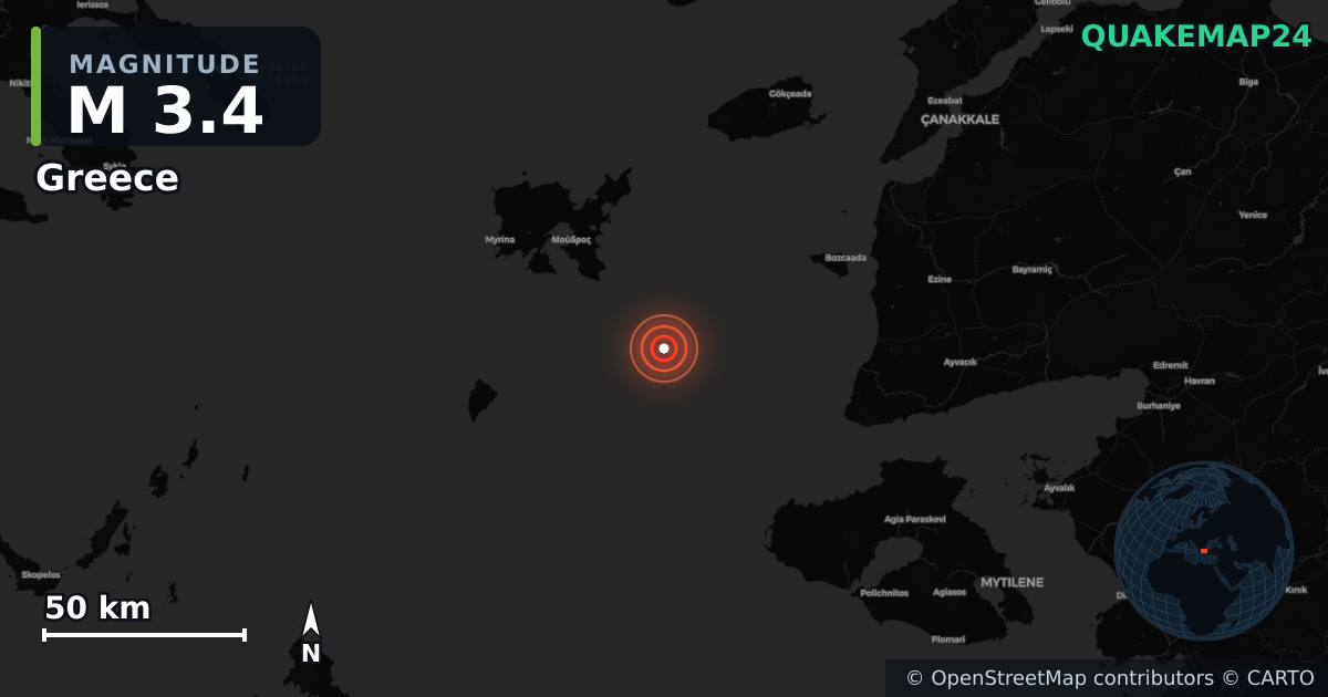 M3.4 earthquake near Greece on Apr 6, 2026 — map of epicenter and shaking intensity | QuakeMap24