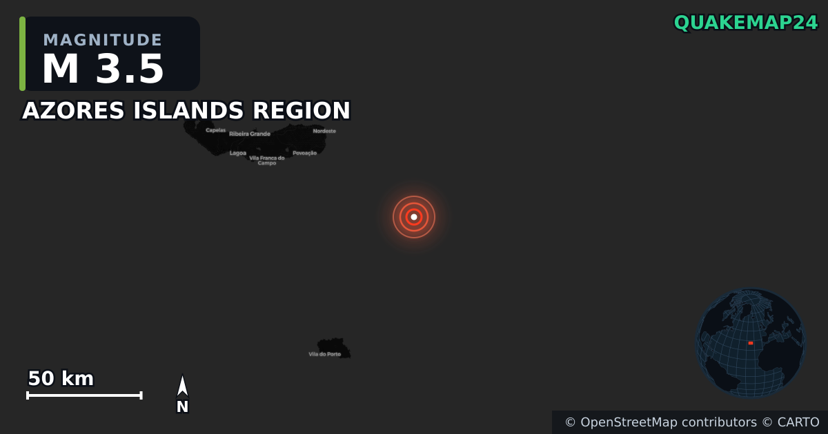M3.5 earthquake near AZORES ISLANDS REGION on Aug 7, 2025 — map of epicenter and shaking intensity | QuakeMap24