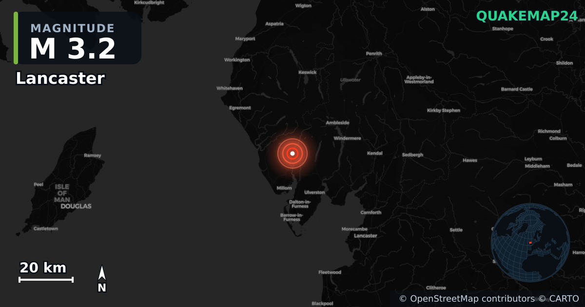 M3.2 earthquake near Lancaster on Dec 3, 2025 — map of epicenter and shaking intensity | QuakeMap24
