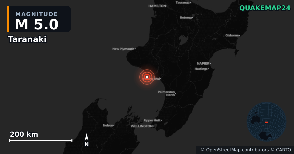 M5.0 earthquake near Taranaki on Jan 8, 2026 — map of epicenter and shaking intensity | QuakeMap24