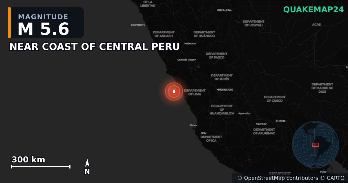 M5.6 earthquake near NEAR COAST OF CENTRAL PERU on Jun 15, 2025 — map of epicenter and shaking intensity | QuakeMap24