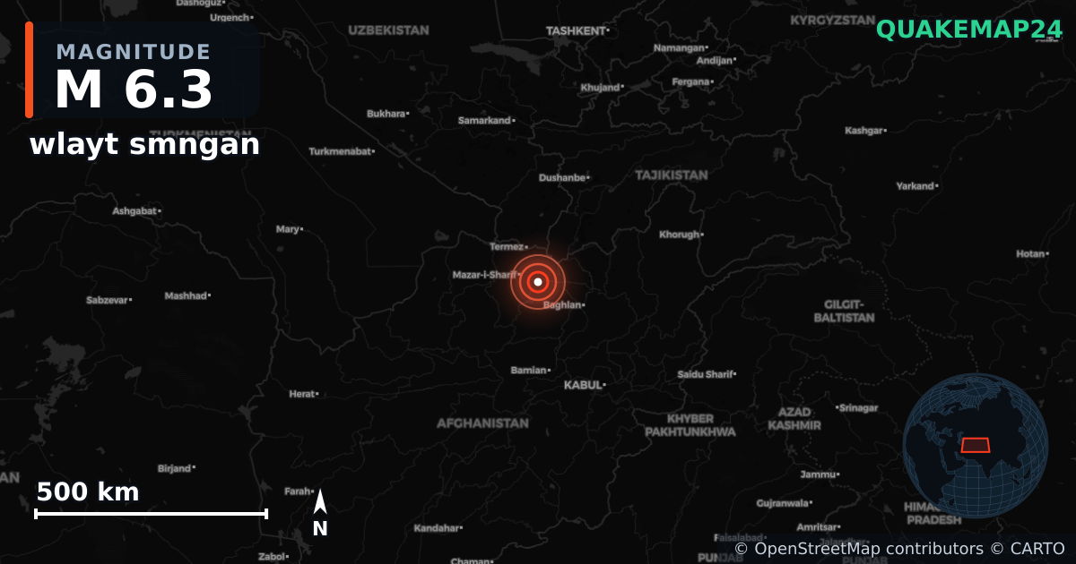 M6.3 earthquake near wlayt smngan on Nov 2, 2025 — map of epicenter and shaking intensity | QuakeMap24