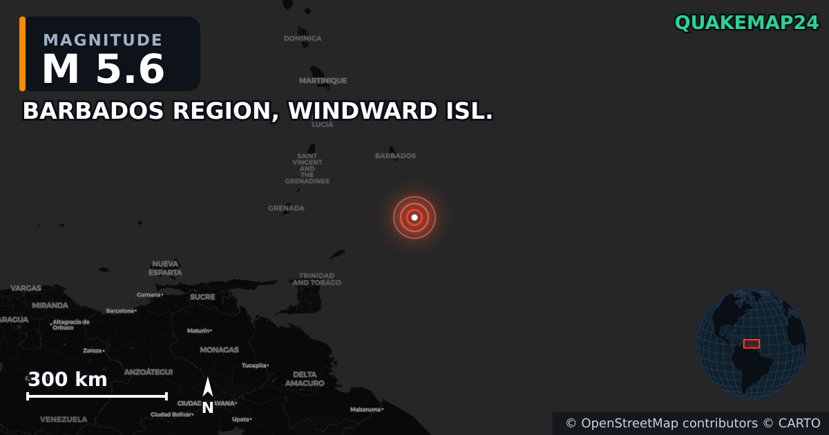 Erdbeben M5,6 bei BARBADOS REGION, WINDWARD ISL. — Karte der Lage des Epizentrums
