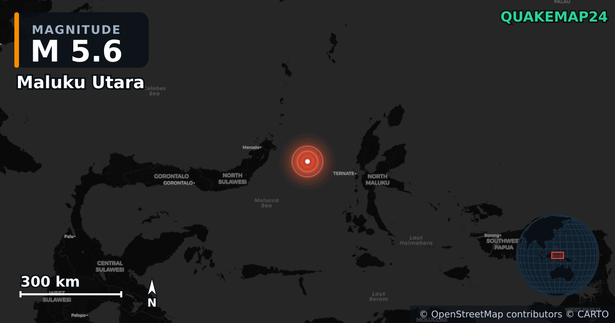 M5.6 earthquake near Maluku Utara on May 25, 2026 — map of epicenter and shaking intensity | QuakeMap24