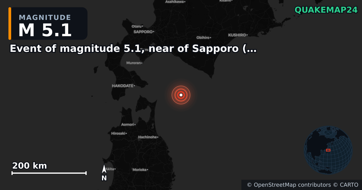 M5.1 earthquake near Event of magnitude 5.1, near of Sapporo (Monde) on Dec 11, 2025 — map of epicenter and shaking intensity | QuakeMap24