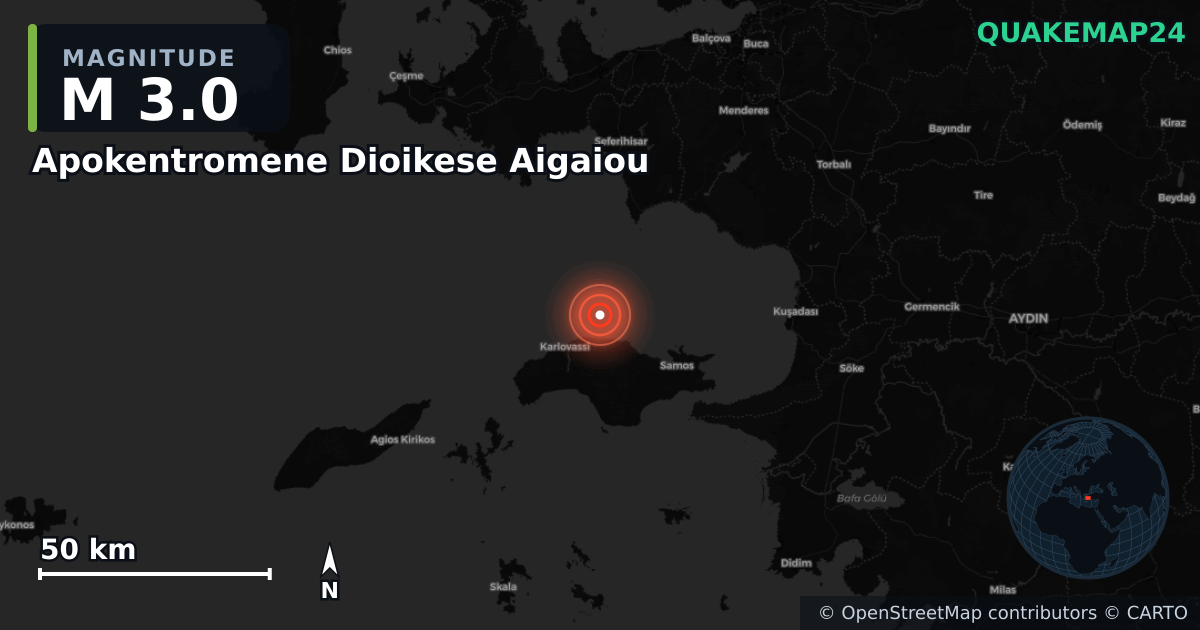 M3.0 earthquake near Apokentromene Dioikese Aigaiou on Nov 4, 2025 — map of epicenter and shaking intensity | QuakeMap24