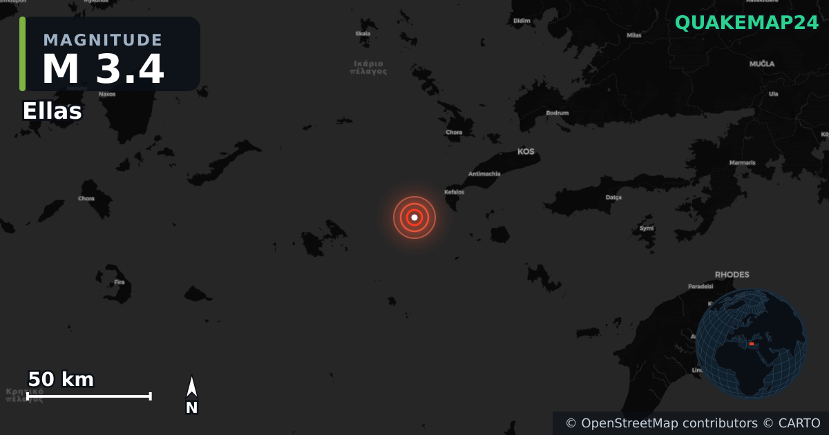 M3.4 earthquake near Ellas on Jan 8, 2026 — map of epicenter and shaking intensity | QuakeMap24