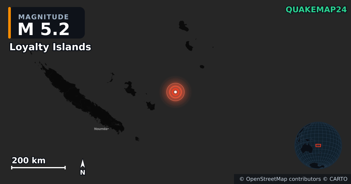 M5.2 earthquake near Loyalty Islands on Dec 26, 2025 — map of epicenter and shaking intensity | QuakeMap24