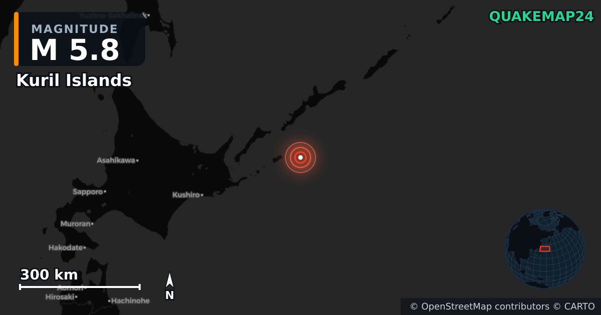 M5.8 earthquake near Kuril Islands on May 29, 2025 — map of epicenter and shaking intensity | QuakeMap24
