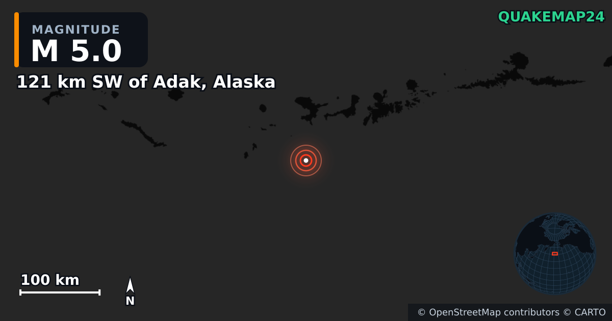 121 km SW of Adak, Alaska yakınında M5,0 deprem — Deprem merkez üssünün konumunu gösteren harita