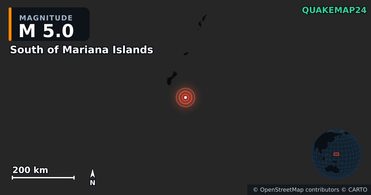 M5.0 earthquake near South of Mariana Islands on May 27, 2025 — map of epicenter and shaking intensity | QuakeMap24