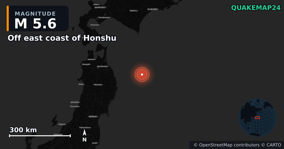 M5.6 earthquake near Off east coast of Honshu on Apr 21, 2026 — map of epicenter and shaking intensity | QuakeMap24