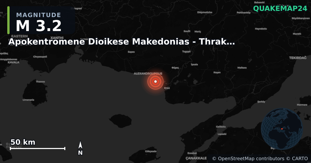 M3.2 earthquake near Apokentromene Dioikese Makedonias - Thrakes on Jun 13, 2025 — map of epicenter and shaking intensity | QuakeMap24
