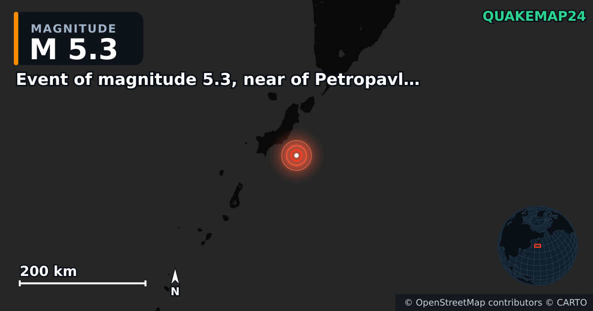 M5.3 earthquake near Event of magnitude 5.3, near of Petropavlovsk Kamchatskiy (Monde) on Oct 25, 2025 — map of epicenter and shaking intensity | QuakeMap24