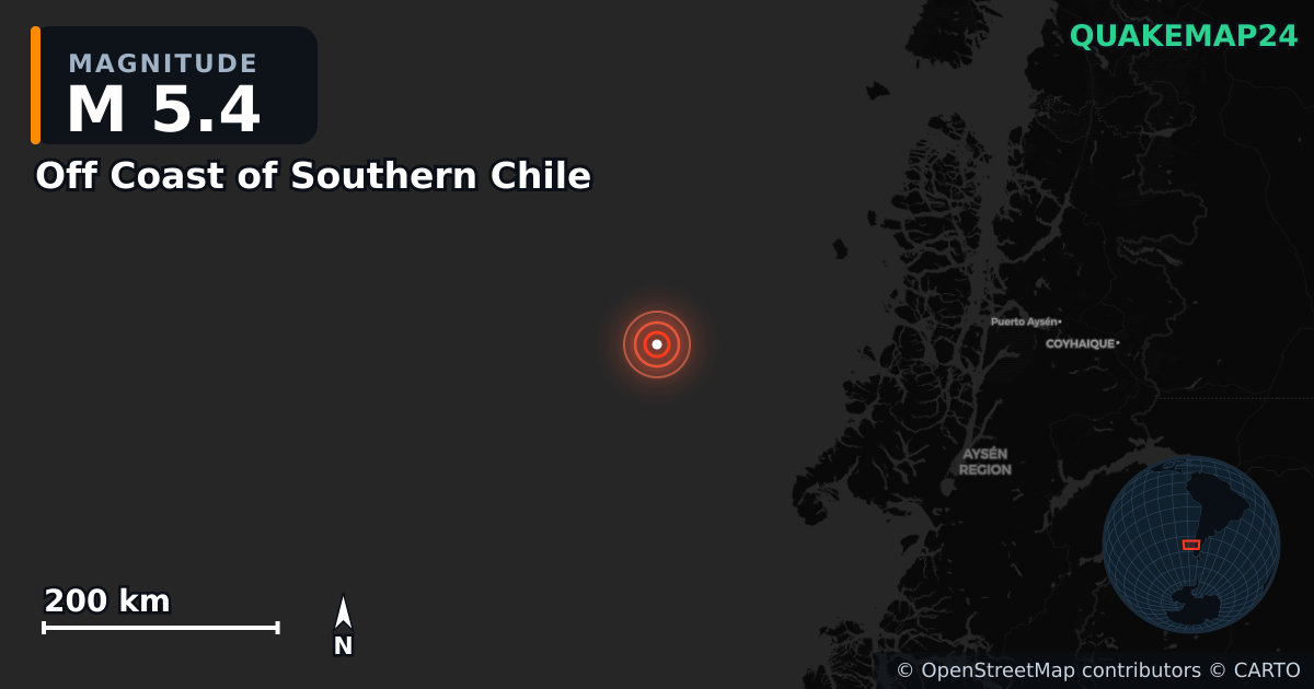 Erdbeben M5,4 bei Off Coast of Southern Chile — Karte der Lage des Epizentrums