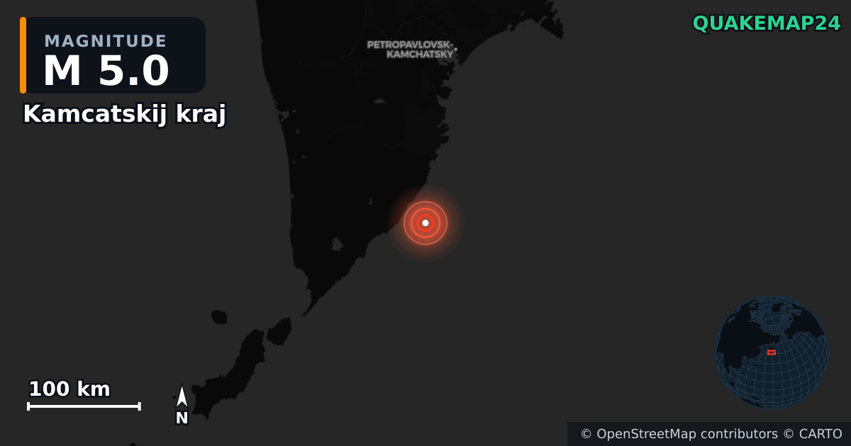 M5.0 earthquake near Kamcatskij kraj on Jul 30, 2025 — map of epicenter and shaking intensity | QuakeMap24