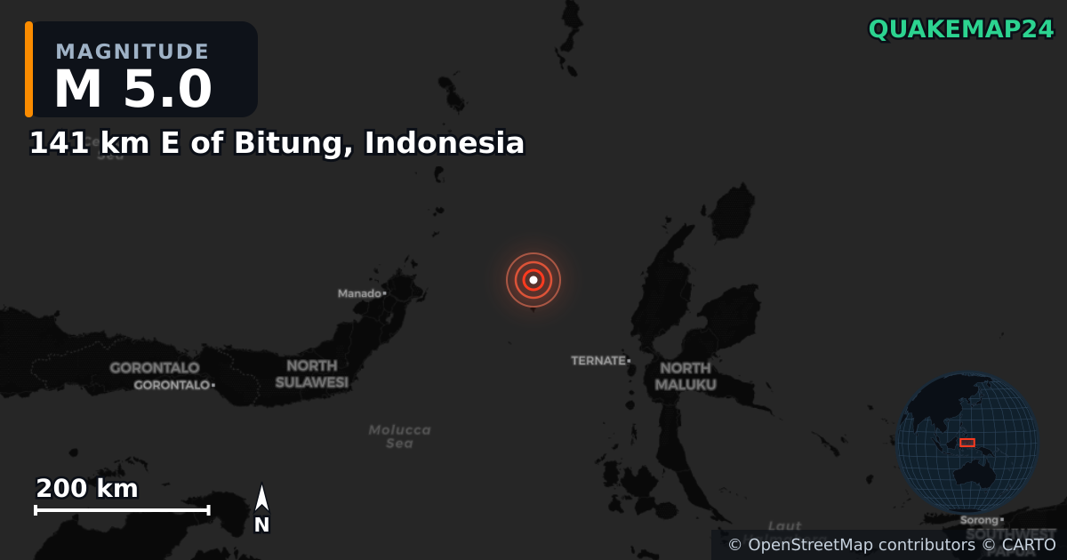 M5.0 Earthquake near North Maluku (Indonesia) · 2026-10-10 — Map showing the location of the epicenter