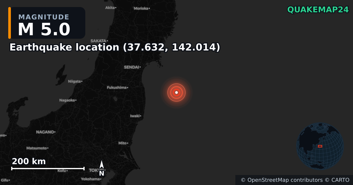 M5.0 earthquake near Deprem konumu (37.632, 142.014) on Feb 10, 2026 — map of epicenter and shaking intensity | QuakeMap24