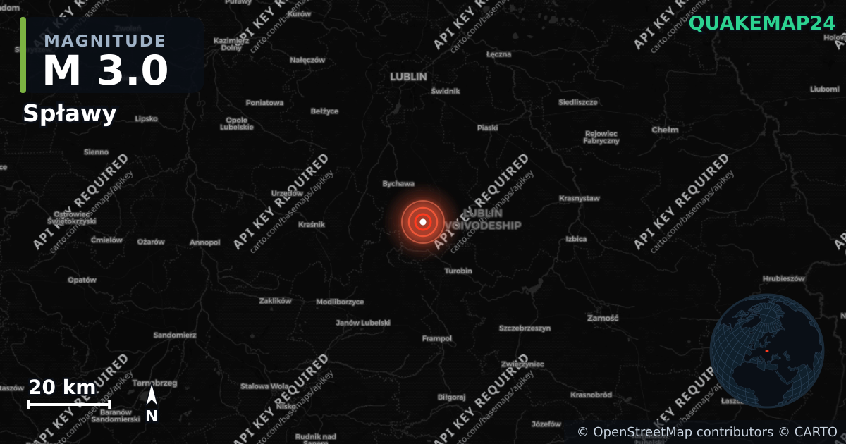 M3.0 earthquake near Spławy on Jun 19, 2026 — map of epicenter and shaking intensity | QuakeMap24