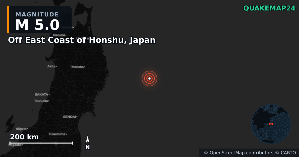 M5.0 earthquake near Off East Coast of Honshu, Japan on Nov 9, 2025 — map of epicenter and shaking intensity | QuakeMap24