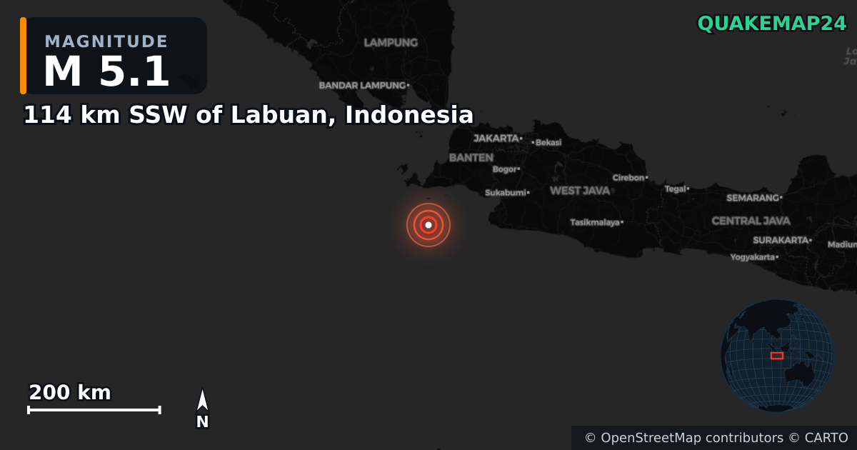 M5.1 earthquake near 114 km SSW of Labuan, Indonesia on Feb 14, 2025 — map of epicenter and shaking intensity | QuakeMap24