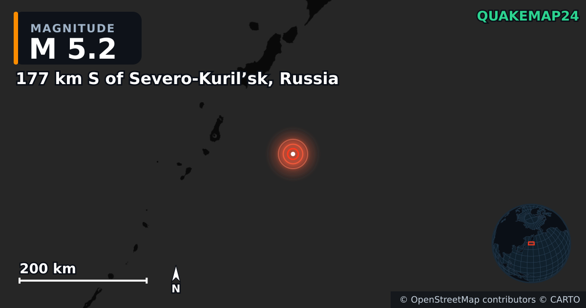 M5.2 earthquake near 177 km S of Severo-Kuril’sk, Russia on Jan 13, 2026 — map of epicenter and shaking intensity | QuakeMap24