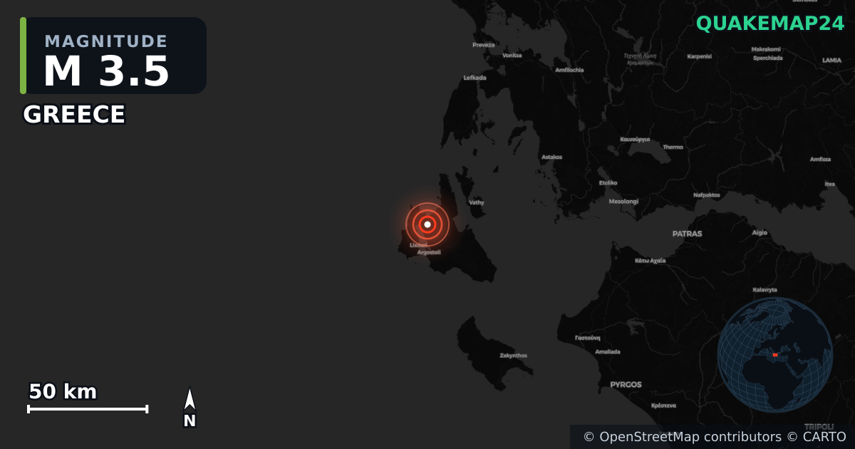 M3.5 earthquake near GREECE on May 1, 2025 — map of epicenter and shaking intensity | QuakeMap24