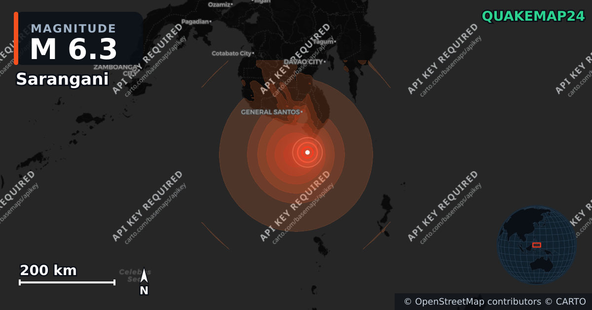 M6.3 earthquake near Sarangani on Jun 26, 2026 — map of epicenter and shaking intensity | QuakeMap24