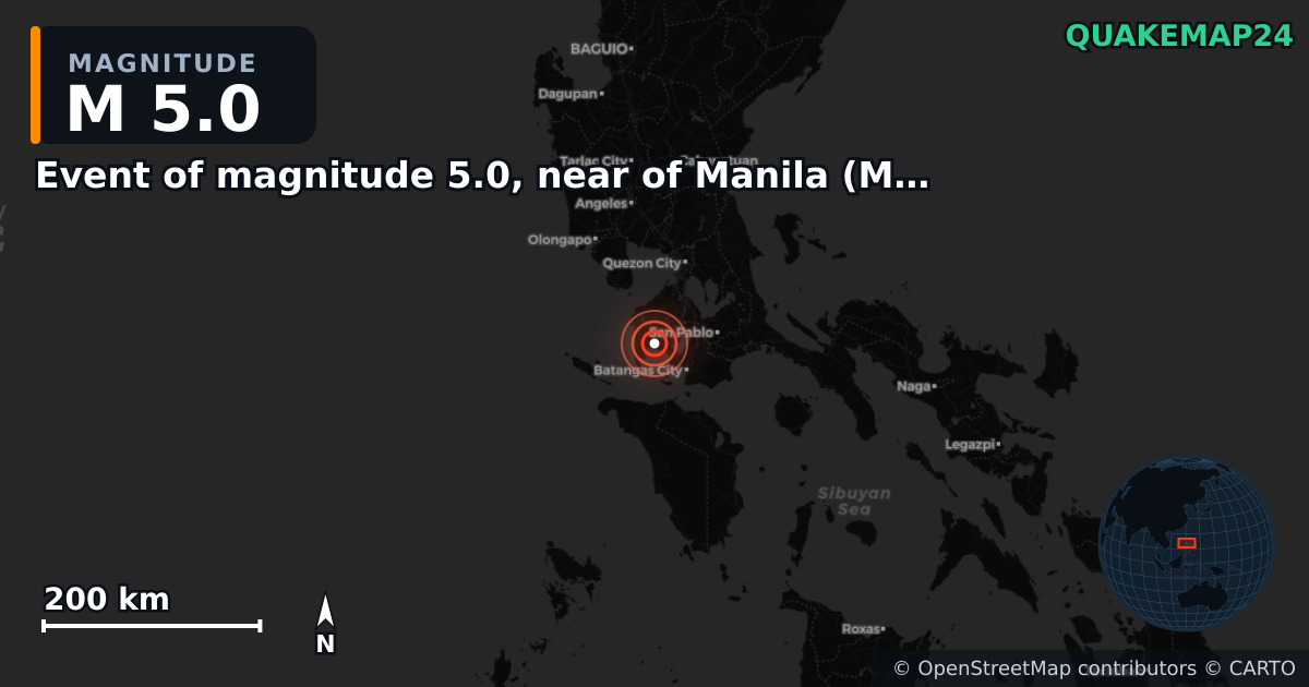 M5.0 earthquake near Event of magnitude 5.0, near of Manila (Monde) on Mar 7, 2026 — map of epicenter and shaking intensity | QuakeMap24