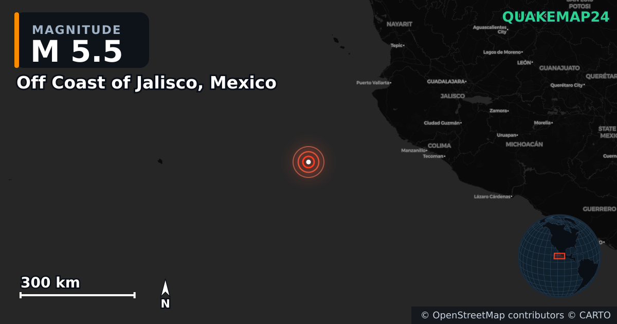 Erdbeben M5,5 bei Off Coast of Jalisco, Mexico · 2025-05-13 — Karte der Lage des Epizentrums