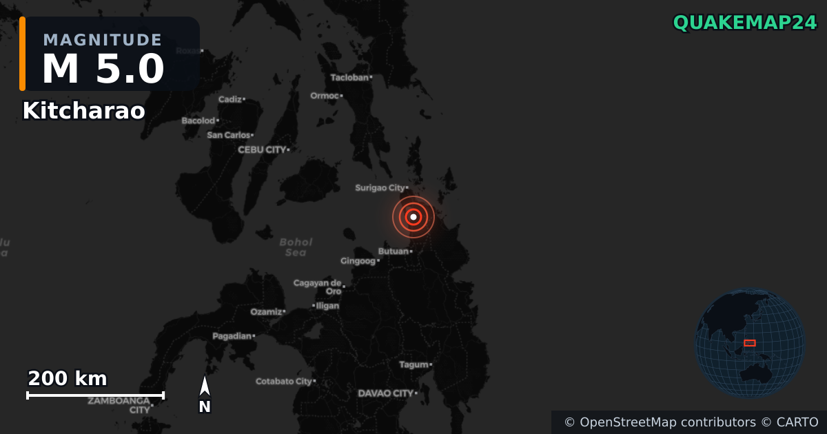 M5.0 earthquake near Kitcharao on Aug 22, 2026 — map of epicenter and shaking intensity | QuakeMap24