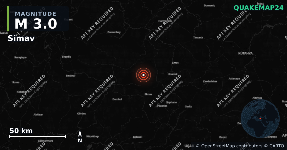 M3.0 earthquake near Simav on Aug 29, 2026 — map of epicenter and shaking intensity | QuakeMap24