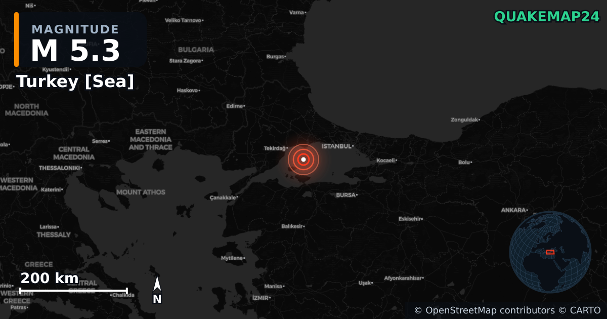 M5.3 earthquake near Turkey [Sea] on Oct 2, 2025 — map of epicenter and shaking intensity | QuakeMap24