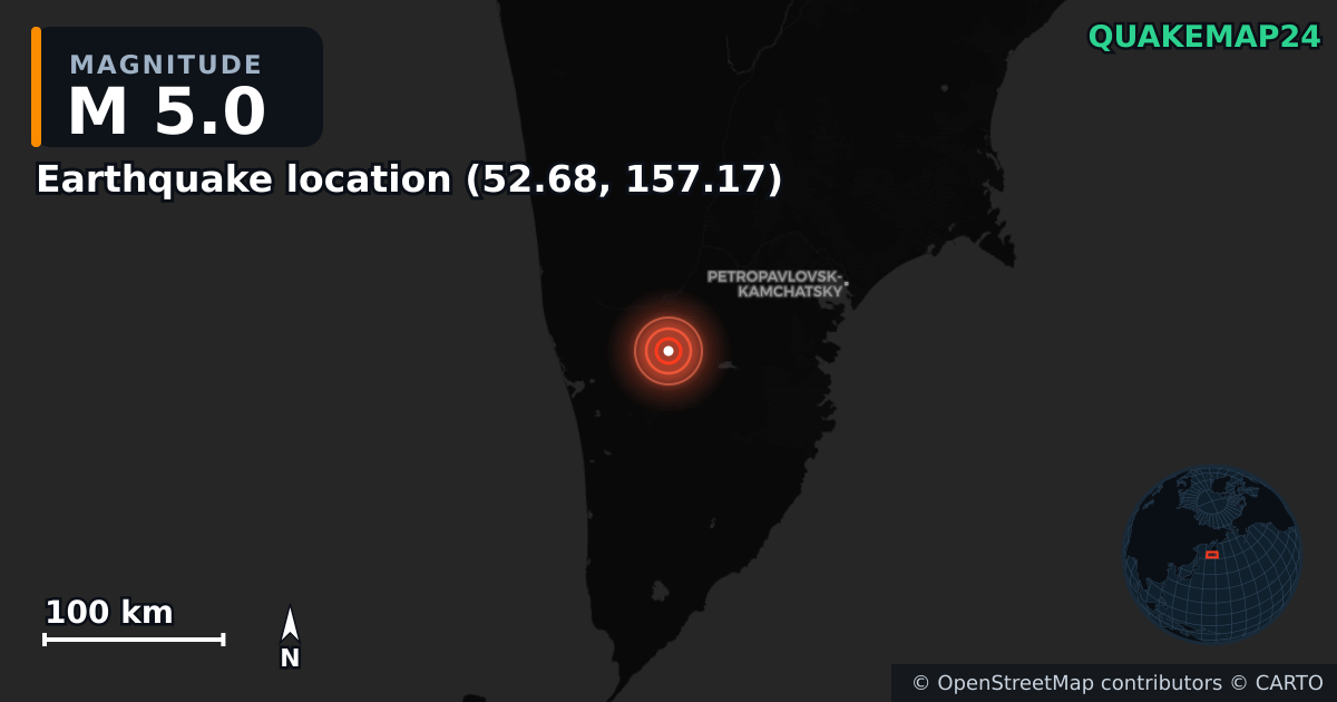 M5.0 earthquake near Deprem konumu (52.68, 157.17) on Dec 16, 2025 — map of epicenter and shaking intensity | QuakeMap24