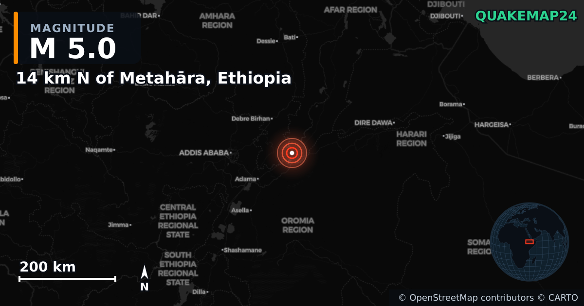 14 km N of Metahāra, Ethiopia yakınında M5,0 deprem — Deprem merkez üssünün konumunu gösteren harita