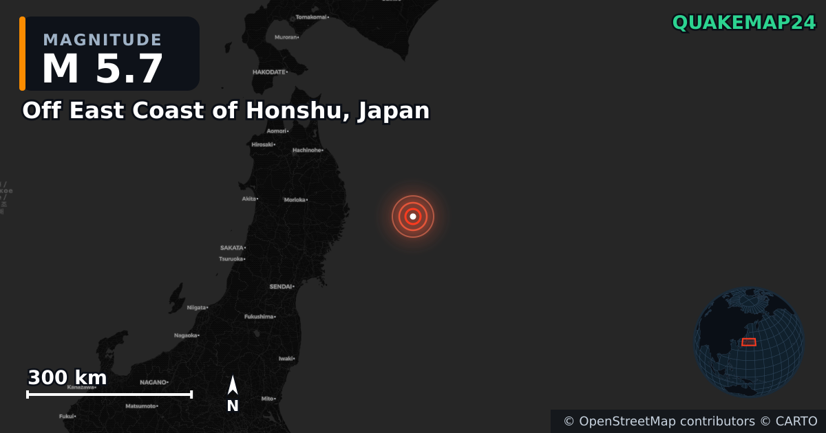 M5.7 earthquake near Off East Coast of Honshu, Japan on Nov 8, 2025 — map of epicenter and shaking intensity | QuakeMap24