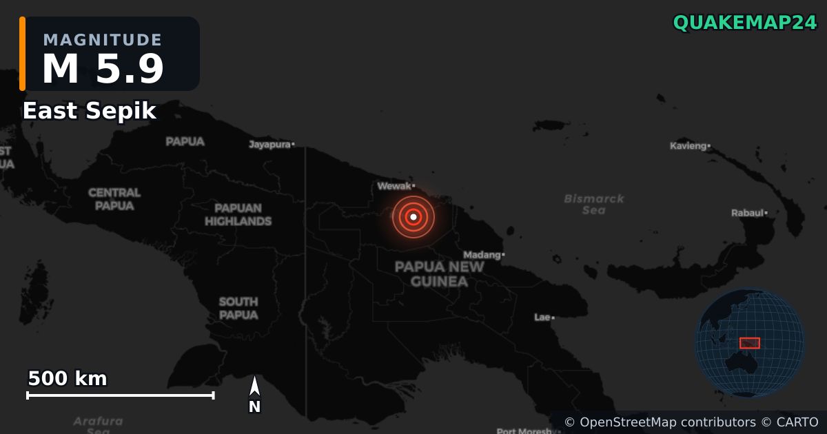 M5.9 earthquake near East Sepik on Jul 24, 2025 — map of epicenter and shaking intensity | QuakeMap24