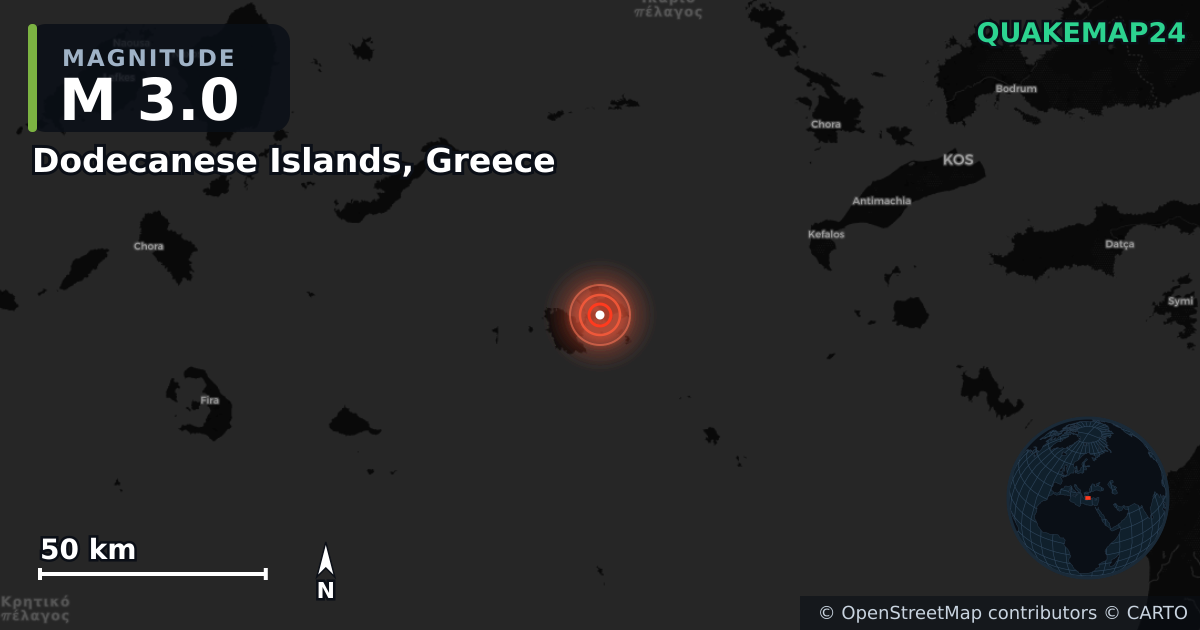 M3.0 earthquake near Dodecanese Islands, Greece on Mar 21, 2026 — map of epicenter and shaking intensity | QuakeMap24