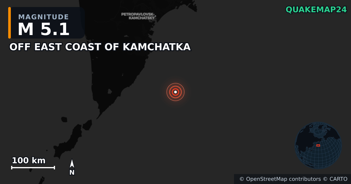M5.1 earthquake near OFF EAST COAST OF KAMCHATKA on Sep 20, 2025 — map of epicenter and shaking intensity | QuakeMap24