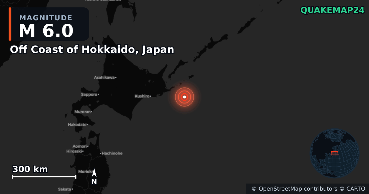 M6.0 earthquake near Off Coast of Hokkaido, Japan on Jun 21, 2025 — map of epicenter and shaking intensity | QuakeMap24