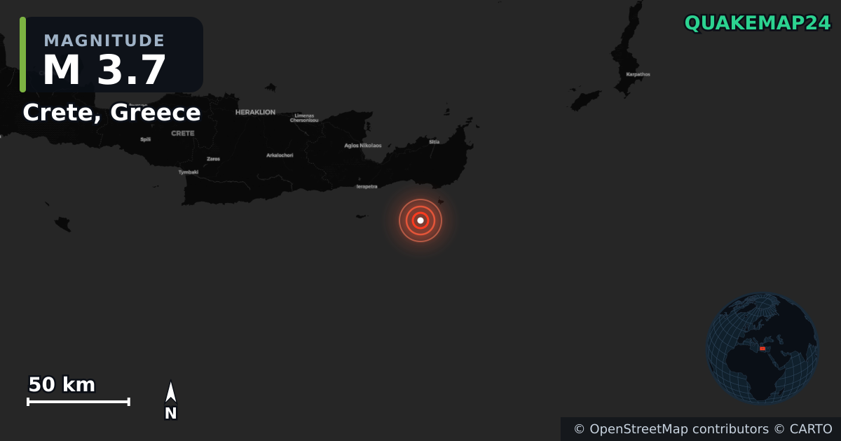M3.7 Earthquake near Crete, Greece · 2026-04-24 — Map showing the location of the epicenter