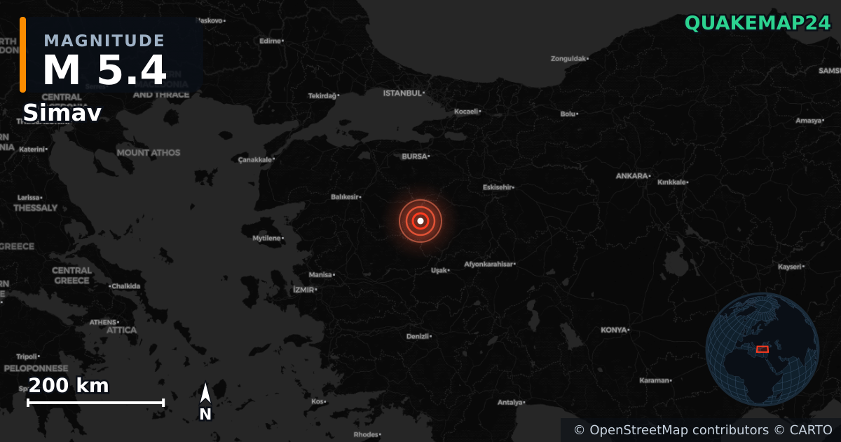 M5.4 earthquake near Simav on Sep 28, 2025 — map of epicenter and shaking intensity | QuakeMap24