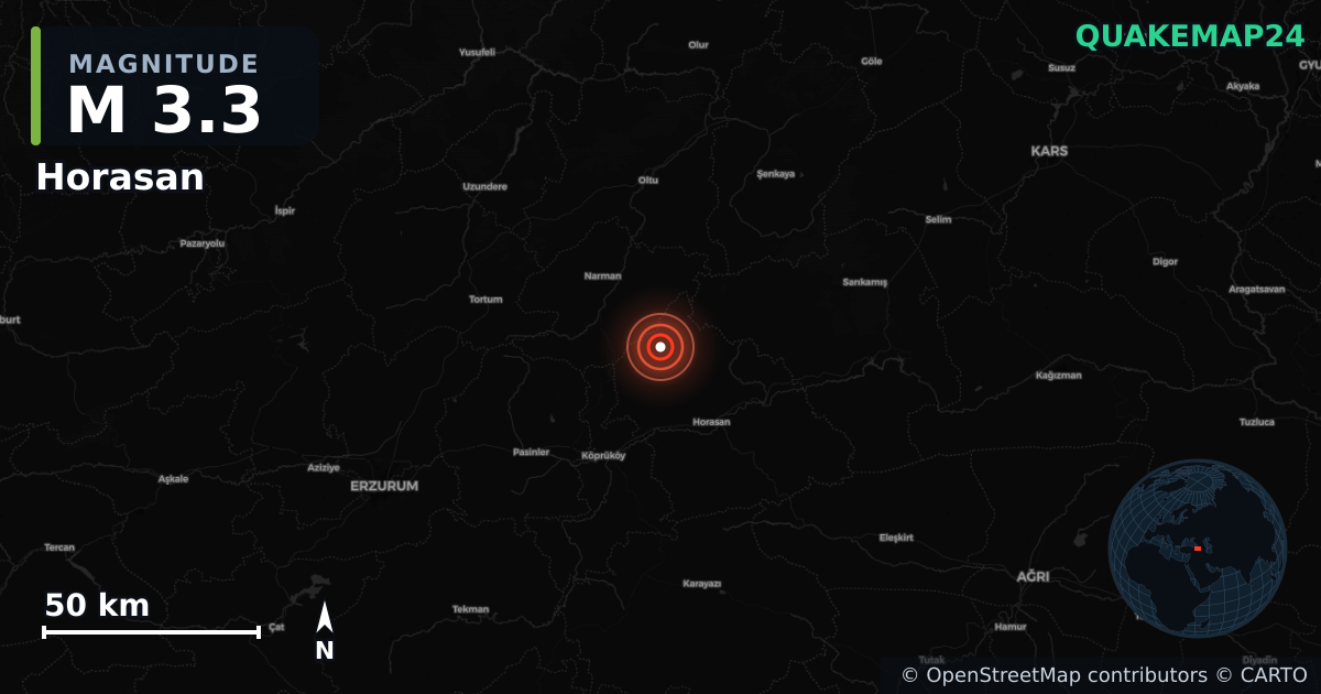 M3.3 earthquake near Horasan on Jul 13, 2025 — map of epicenter and shaking intensity | QuakeMap24