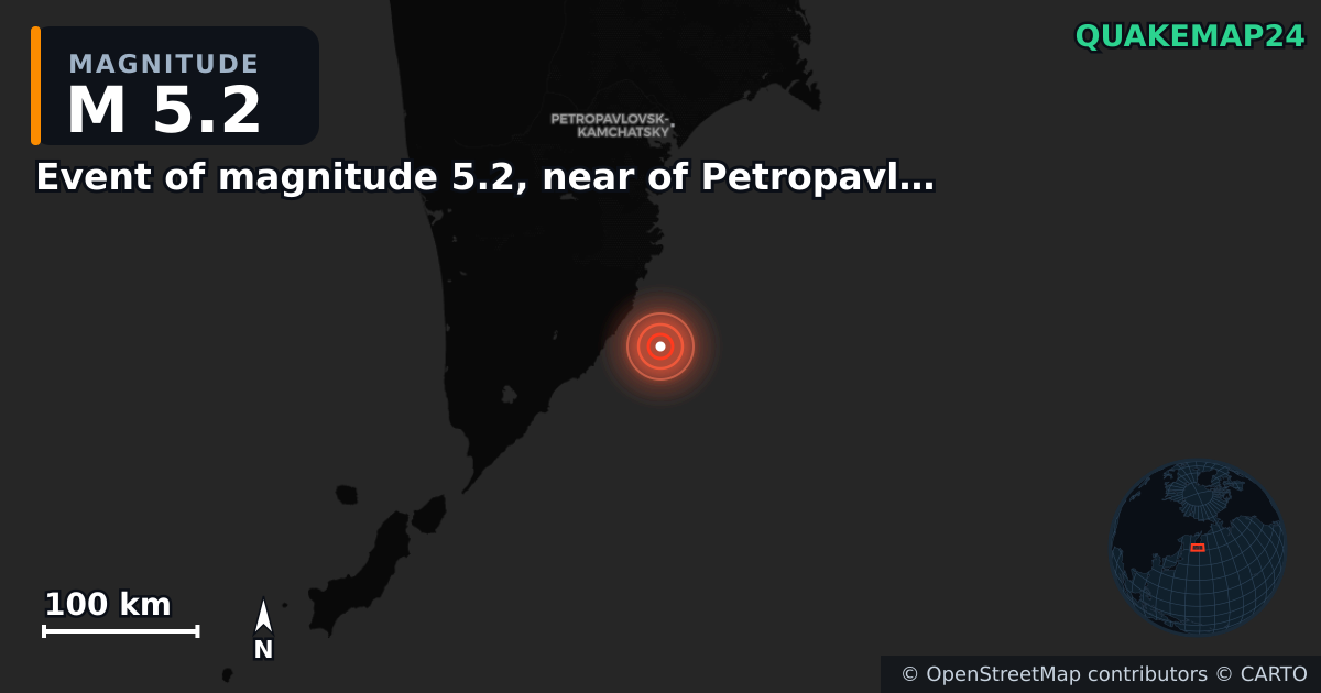 M5.2 earthquake near Event of magnitude 5.2, near of Petropavlovsk Kamchatskiy (Monde) on Oct 15, 2025 — map of epicenter and shaking intensity | QuakeMap24