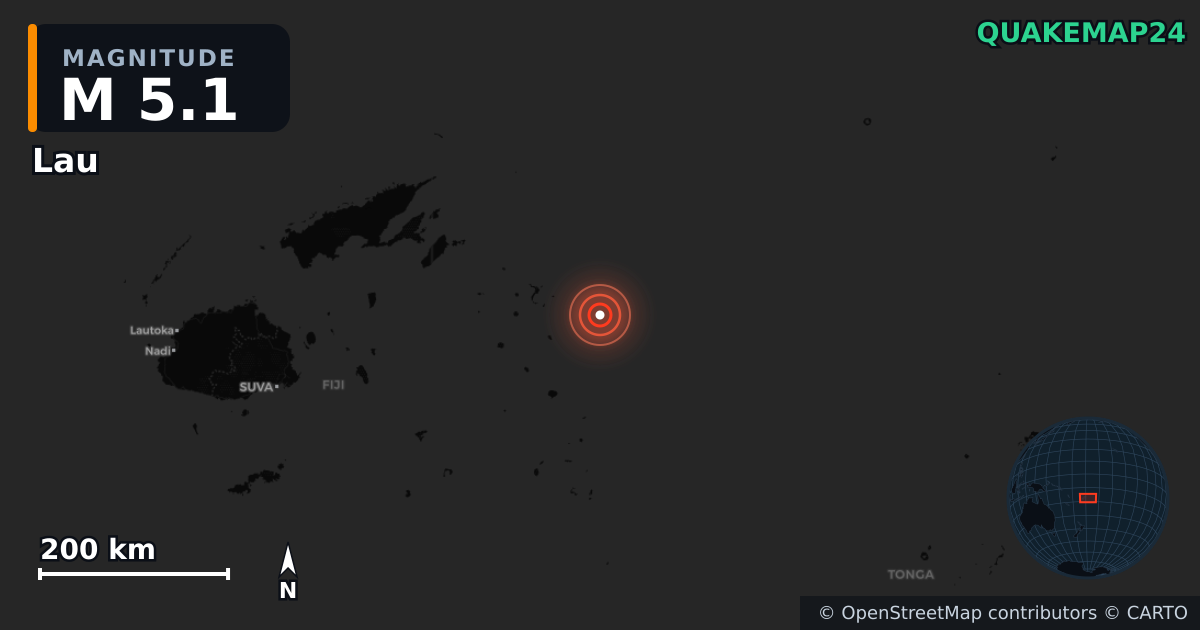 M5.1 earthquake near Lau on May 19, 2026 — map of epicenter and shaking intensity | QuakeMap24
