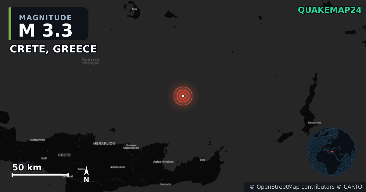 M3.3 earthquake near CRETE, GREECE on May 29, 2025 — map of epicenter and shaking intensity | QuakeMap24