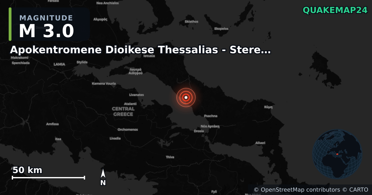 M3.0 earthquake near Apokentromene Dioikese Thessalias - Stereas Ellados on Sep 28, 2025 — map of epicenter and shaking intensity | QuakeMap24
