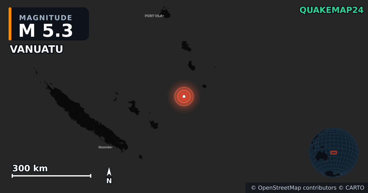 M5.3 earthquake near VANUATU on Jun 23, 2026 — map of epicenter and shaking intensity | QuakeMap24